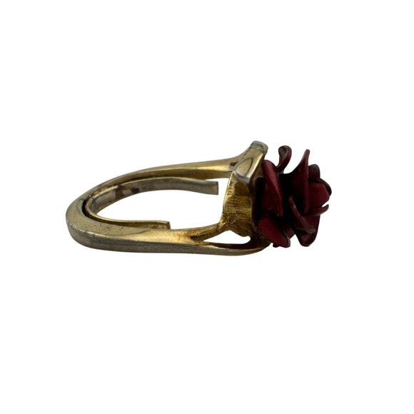 Women's Beautiful Gold Tone Red Rose Flower Ring - Picture 2 of 15